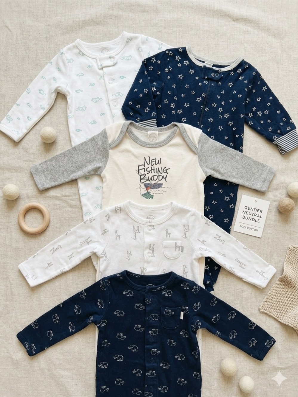 Gender Neutral Kids Long-Sleeve Cotton Sleep & Play Set - Navy, White, Gray 3 mo